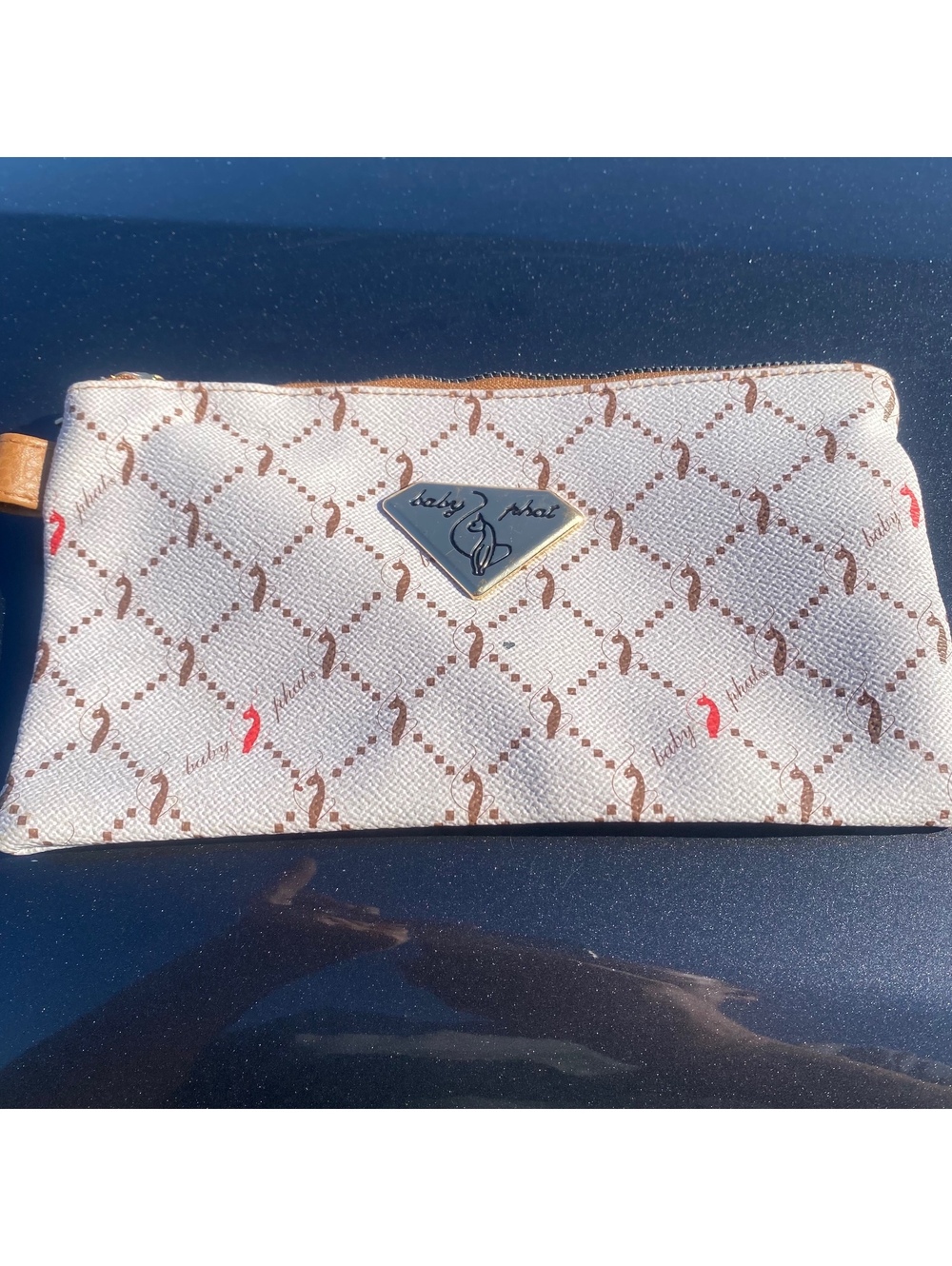 Baby Phat Y2K Monogram Zip Clutch Wallet Tan Brown Red Cat Logo